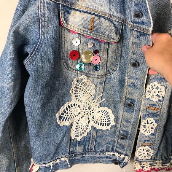 Embellished Blue Jean Jacket Crochet Patchwork - Picture 10 of 14